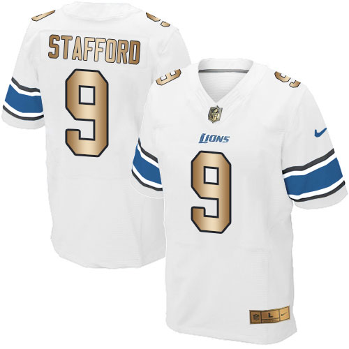 Nike Lions #9 Matthew Stafford White Men's Stitched NFL Elite Gold Jersey