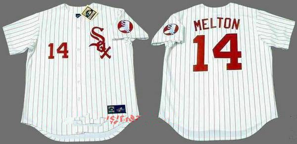 Men's Chicago White Sox #14 Bill Melton White with Red Pinstirpe Button 1970 Throwback Jersey