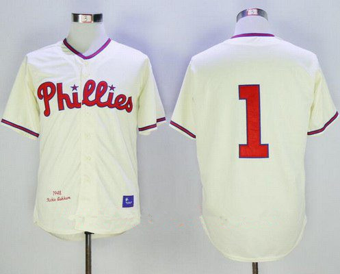 Men's Philadelphia Phillies #1 Chuck Klein 1948 Cream Throwback Stitched MLB Cooperstown Collection Jersey