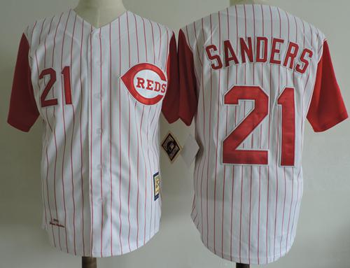 1997 Reds #21 Reggie Sanders White Strip Throwback Stitched MLB Jersey