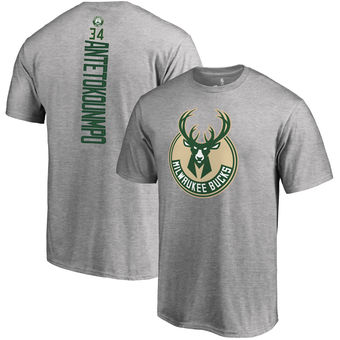 Men's Milwaukee Bucks 34 Giannis Antetokounmpo Gray Backer Name & Number T-Shirt