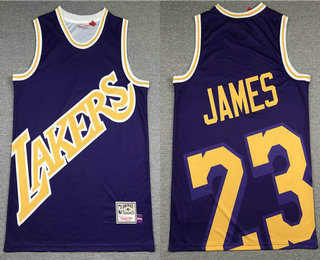 Men's Los Angeles Lakers #23 LeBron James Purple Big Face Hardwood Classics Soul Swingman Throwback Jersey