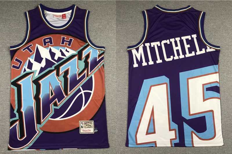 Men's Utah Jazz #45 Donovan Mitchell Purple Big Face Hardwood Classics Soul Swingman Throwback Jersey