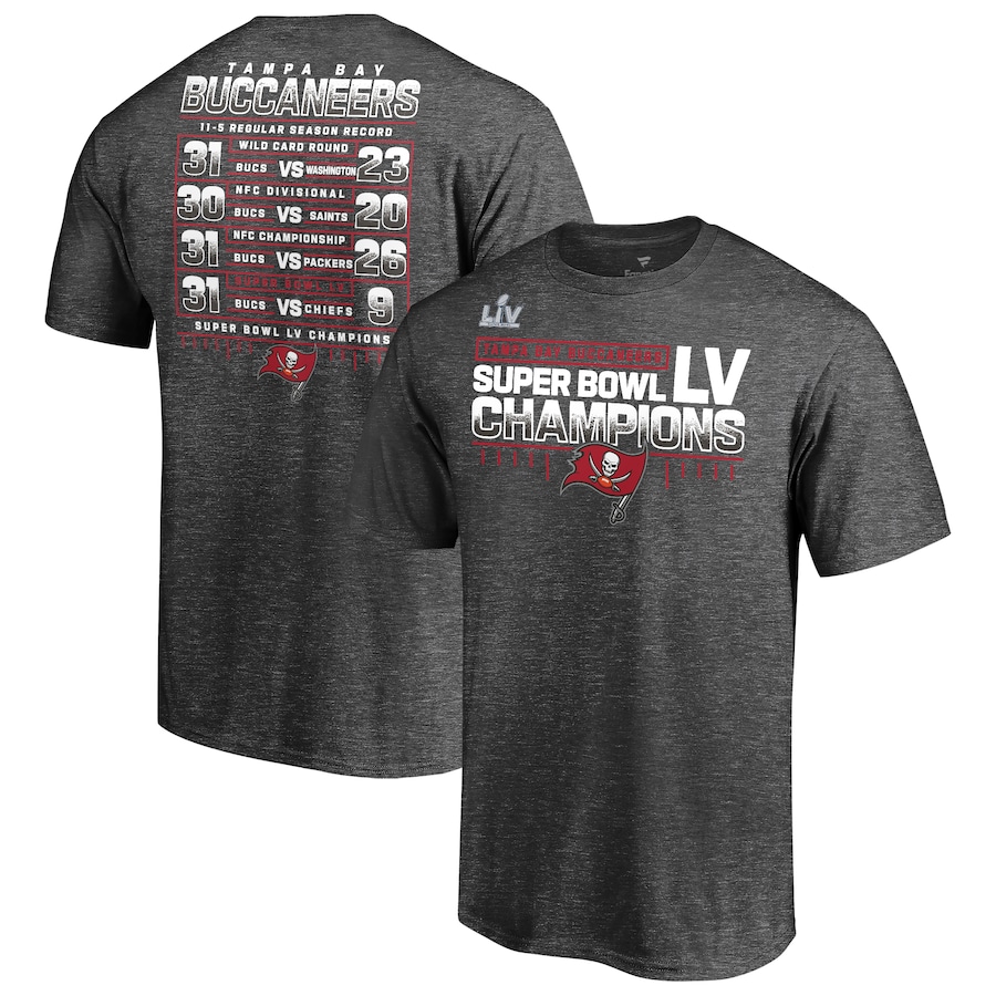 Men's Tampa Bay Buccaneers Heathered Charcoal Super Bowl LV Champions Lateral Schedule T-Shirt