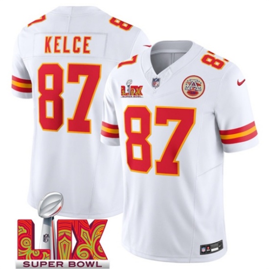Men’s Kansas City Chiefs #87 Travis Kelce White 2025 F.U.S.E. Super Bowl LIX Patch Vapor Untouchable Limited Football Stitched Jersey