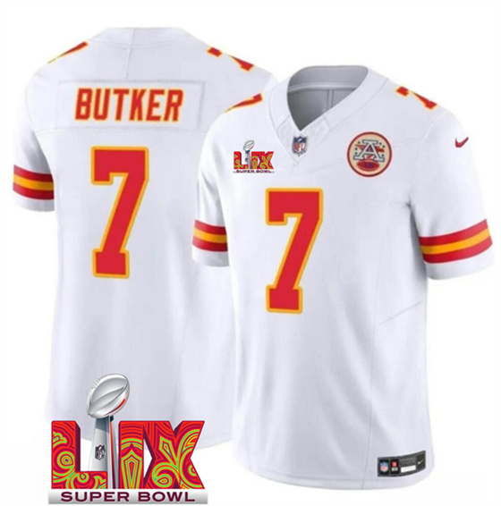 Men's Kansas City Chiefs #7 Harrison Butker White 2025 F.U.S.E. Super Bowl LIX Patch Vapor Untouchable Limited Football Stitched Jersey