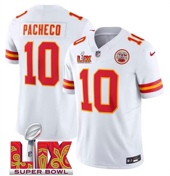 Men’s Kansas City Chiefs #10 Isiah Pacheco White 2025 F.U.S.E. Super Bowl LIX Patch Vapor Untouchable Limited Football Stitched Jersey
