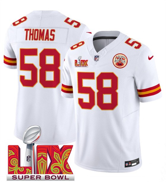 Men’s Kansas City Chiefs #58 Derrick Thomas White 2025 F.U.S.E. Super Bowl LIX Patch Vapor Untouchable Limited Football Stitched Jersey