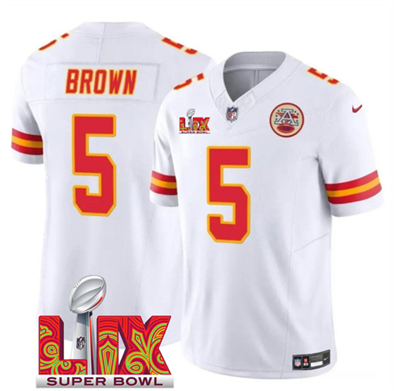 Men’s Kansas City Chiefs #5 Hollywood Brown White 2025 F.U.S.E. Super Bowl LIX Patch Vapor Untouchable Limited Football Stitched Jersey