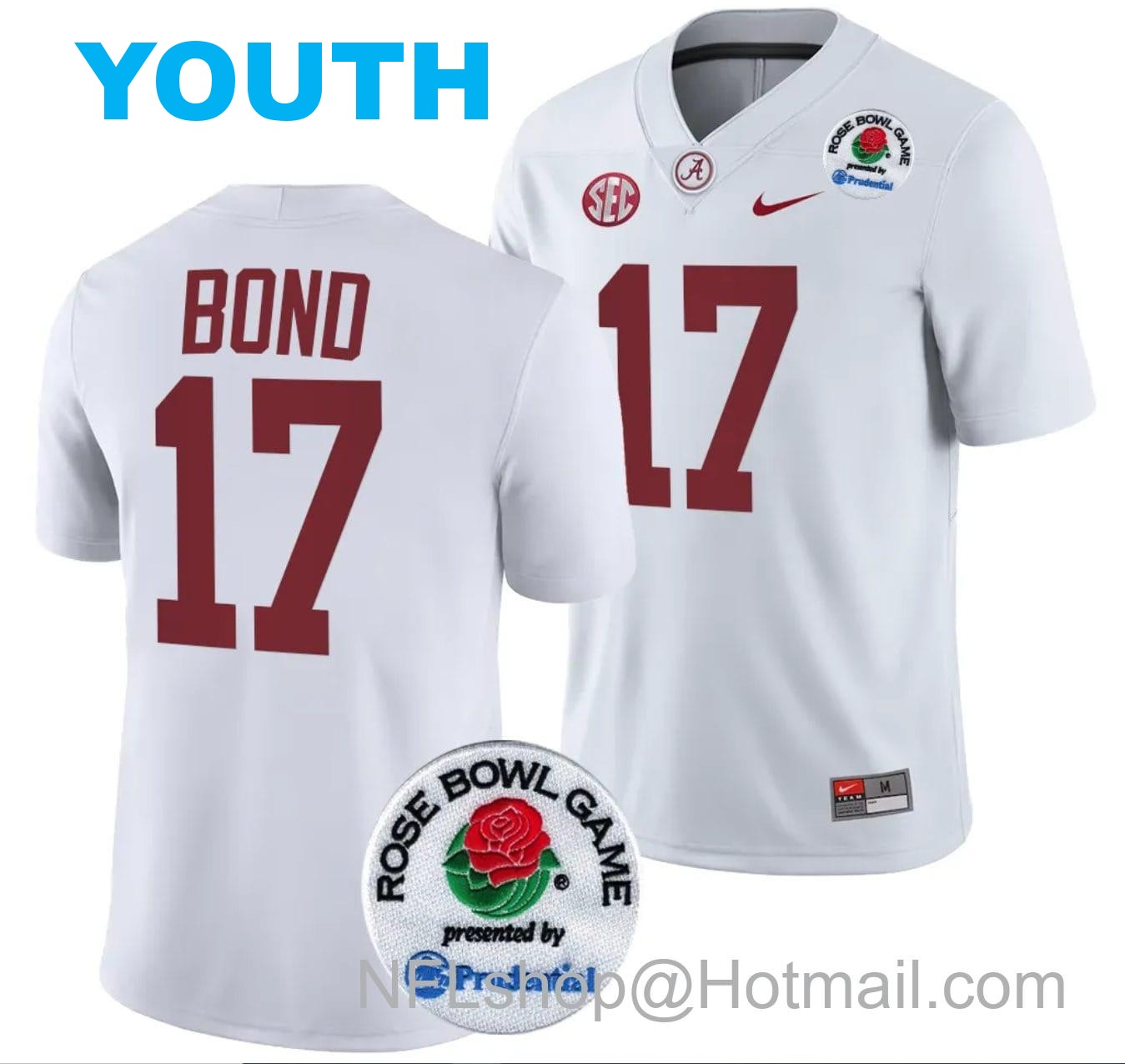 Nike Youth Isaiah Bond Jersey #17 Alabama Crimson Tide Rose Bowl Game 2024 Patch College Football Playoff White