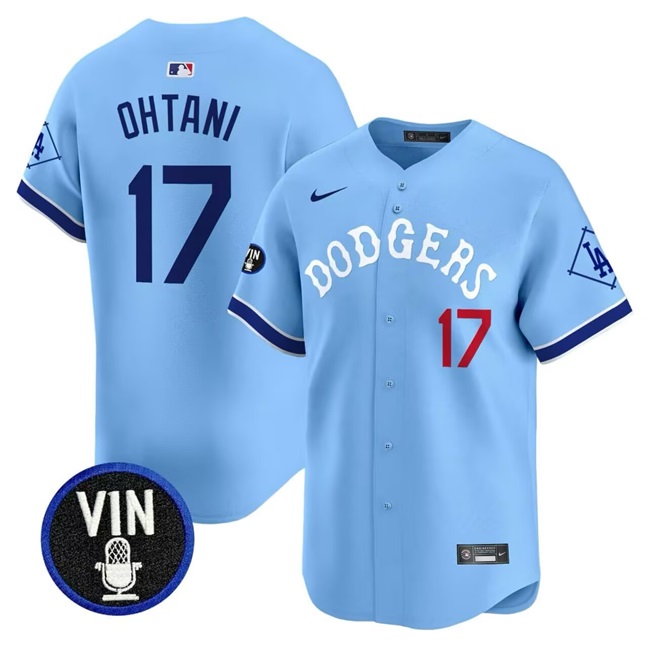 Men's Los Angeles Dodgers #17 Shohei Ohtani Light Blue With Vin Patch Limited Stitched Baseball Jersey
