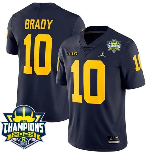 Men's Tom Brady Jersey #10 Michigan Wolverines 2023 Big Ten Champions Patch Stitched Navy