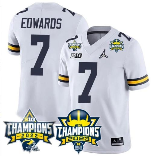 Men's Donovan Edwards Jersey #7 Michigan Wolverines 2023 Big Ten Back to Back Champions Patch Stitched White