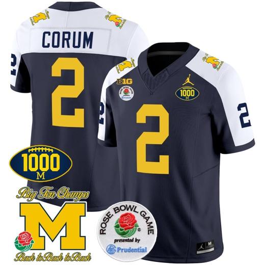 Men's Blake Corum Jersey #2 Michigan Wolverines Vapor Stitched 1000 Wins Rose Bowl Patch Alternate