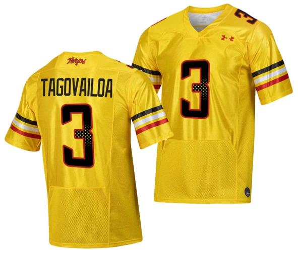 Men's Maryland Terrapins Taulia Tagovailoa Jersey #3 College Football Gold 2023 Script Uniform
