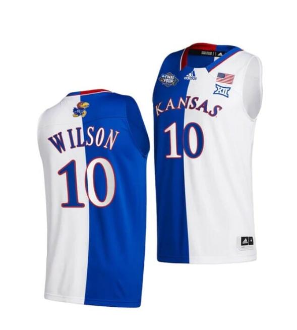Men's Men's #10 Jalen Wilson Jersey Kansas Jayhawks College Basketball Jerseys White Royal Split 2022