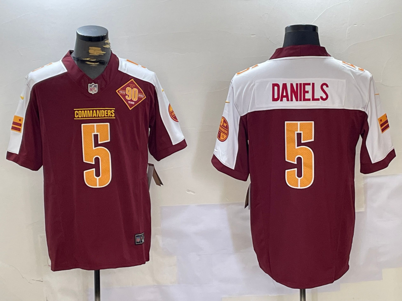 Men's Washington Commanders #5 Jayden Daniels Red Thanksgiving 2024 FUSE With 90th Vapor Limited Stitched Jersey
