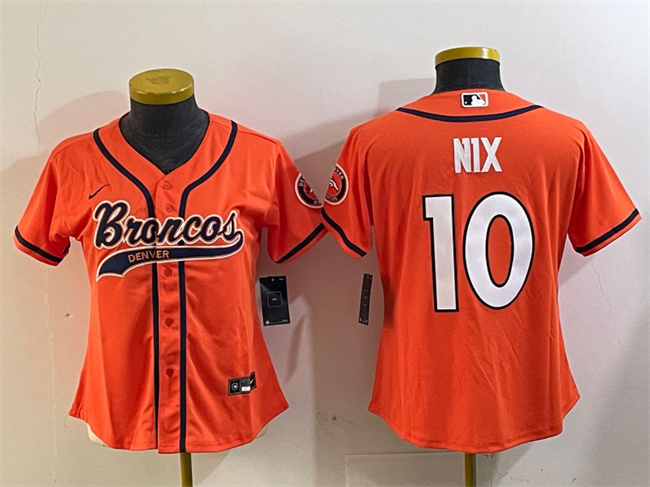 Youth Denver Broncos #10 Bo Nix Orange With Patch Cool Base Stitched Baseball Jersey