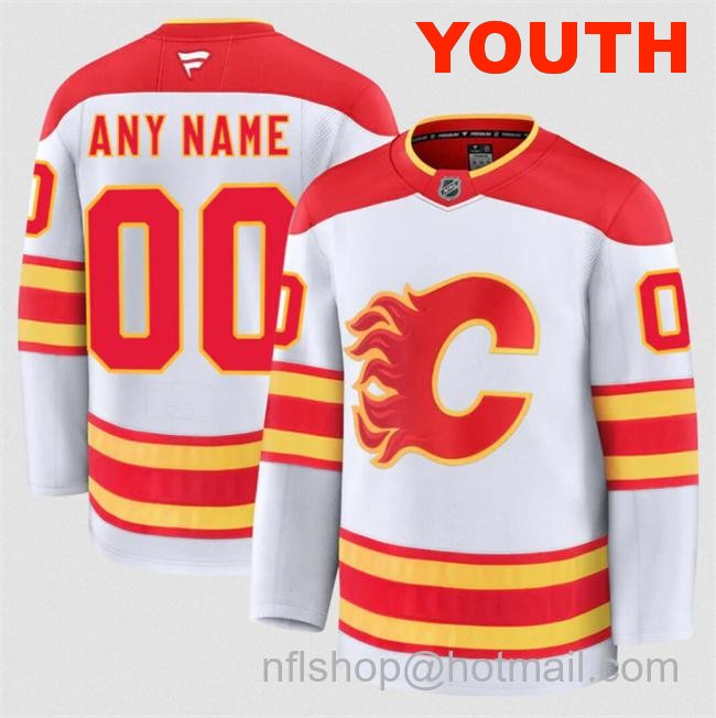 Customized Youth Calgary Flames White 2024-25 Away Stitched Hockey Jersey