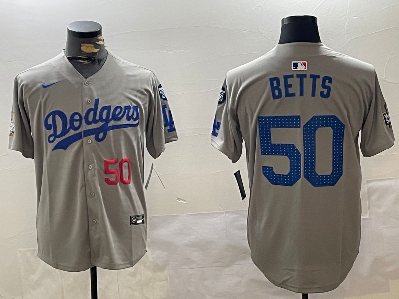 Men's Los Angeles Dodgers #50 Mookie Betts Fashion Grey With 34 Fernando Memorial & 2024 WS Patch Cool Base Stitched Baseball Jerseys