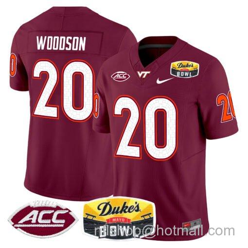Men's Nike Caleb Woodson Jersey #20 Virginia Tech Hokies 2025 Duke’s Mayo Bowl Patch Maroon