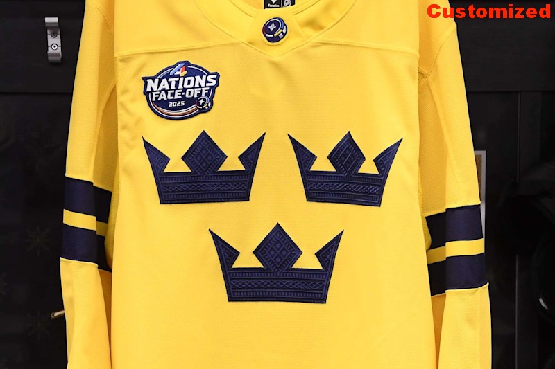 Customized Men's Name Number Sweden Team Yellow 2025 4 Nations Face-Off Hockey Stitched Jersey