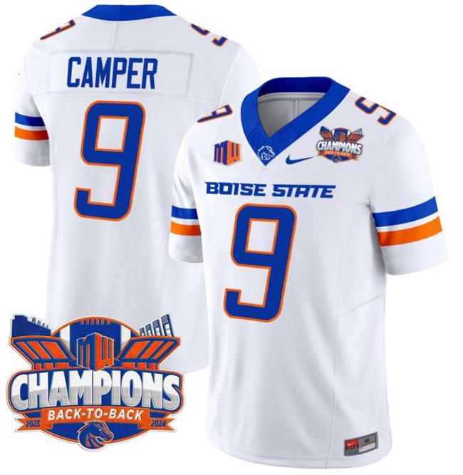 Men's Nike Cameron Camper Jersey #9 Boise State Broncos Back To Back Champions Patch F.U.S.E. Vapor Limited Stitched College Football White