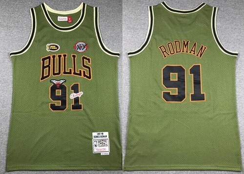 Men's Chicago Bulls #91 Dennis Rodman Olive Military Flight 1997 Throwback Swingman Jersey