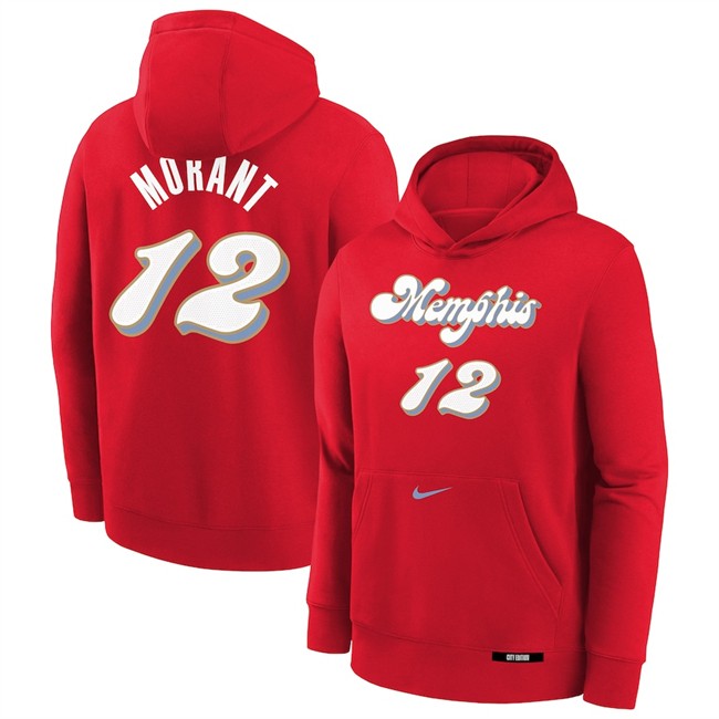 Men's Memphis Grizzlies #12 Ja Morant Red 2024-25 City Edition Fleece Club Pullover Hoodie