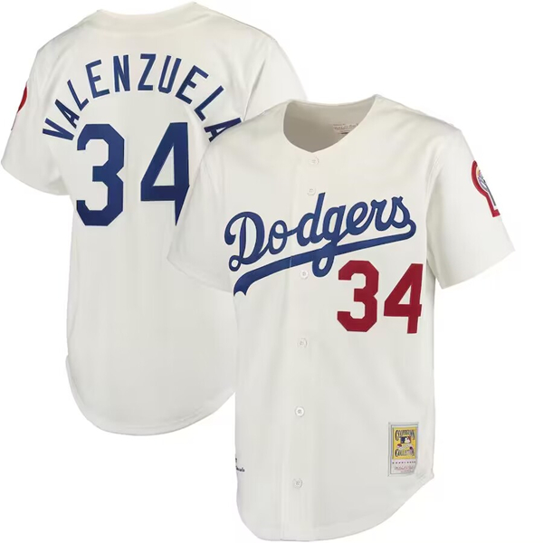 Men's Los Angeles Dodgers #34 Fernando Valenzuela Cream Throwback Stitched Baseball Jersey
