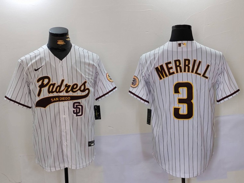 Men's San Diego Padres #3 Jackson Merrill White SD Cool Base Stitched Baseball Jersey