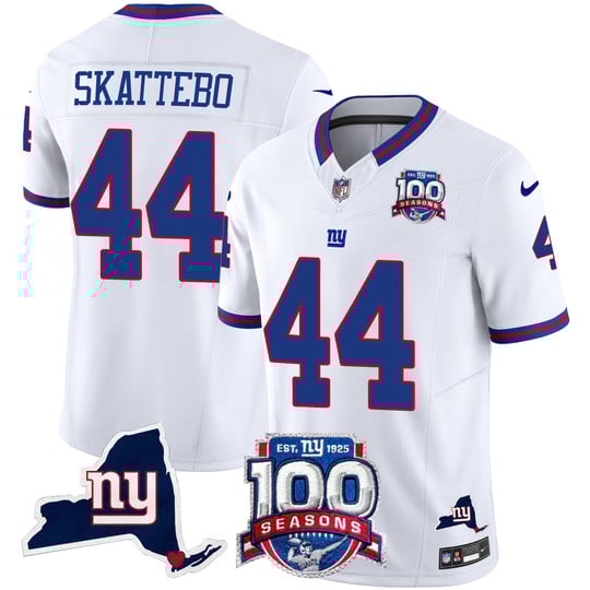 Men's New York Giants #44 Cam Skattebo 2025 Draft White 100th Season & State Patch Vapor Limited Stitched NFL Jersey
