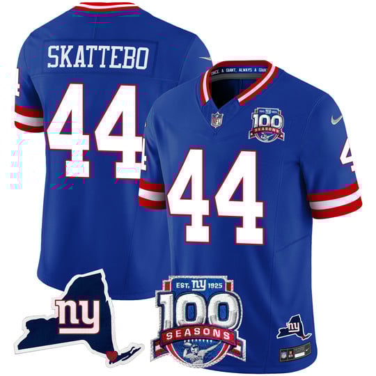 Men's New York Giants #44 Cam Skattebo Royal 2025 Draft 100th Season & State Patch Vapor Limited Stitched NFL Jersey
