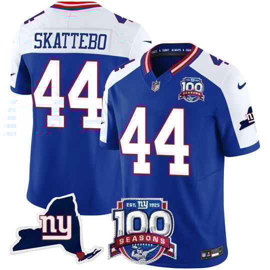 Men's NY Giants #44 Cam Skattebo 2025 Draft 100th Season & State Patch Vapor Limited Stitched NFL Jersey Royal Alternate