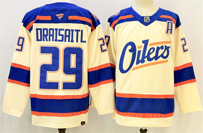 Men's Edmonton Oilers #29 Leon Draisaitl  Light Beige Alternate With A Patch Stitched Hockey Jersey