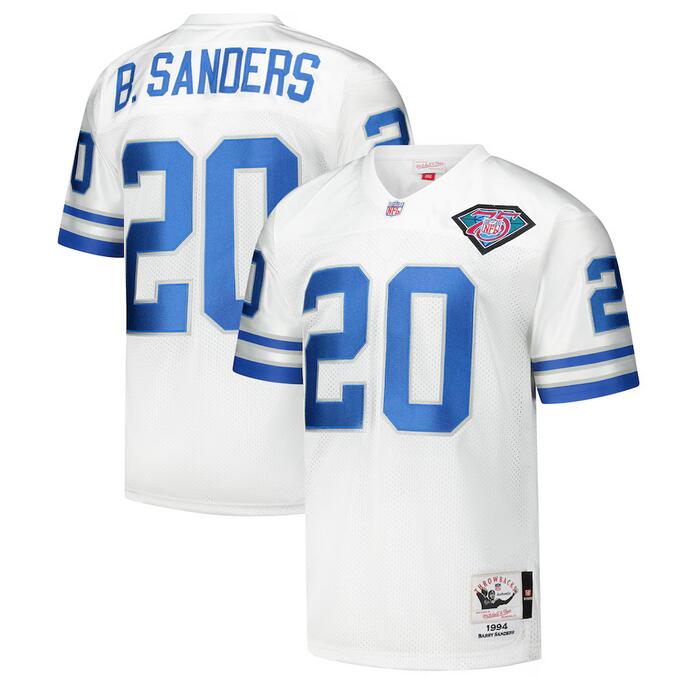 Men's Detroit Lions #20 Barry Sanders White 1994 With 75th Season Anniversary Patch Throwback Stitched Jersey