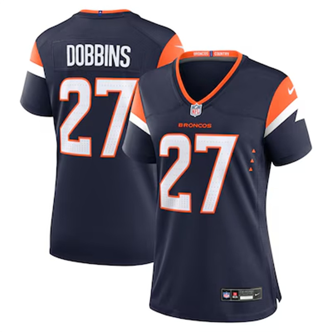Women's Denver Broncos #27 J.K. Dobbins Navy 2025 Alternate Stitched Game Jersey(Run Small) Women's Denver Broncos #27 J.K. Dobbins Navy 2025 Alternate Stitched Game Jersey(Run Small)
