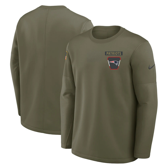 Men's New England Patriots Olive 2025 Salute to Service Sideline Coaches Therma-FIT Long Sleeve Shirt