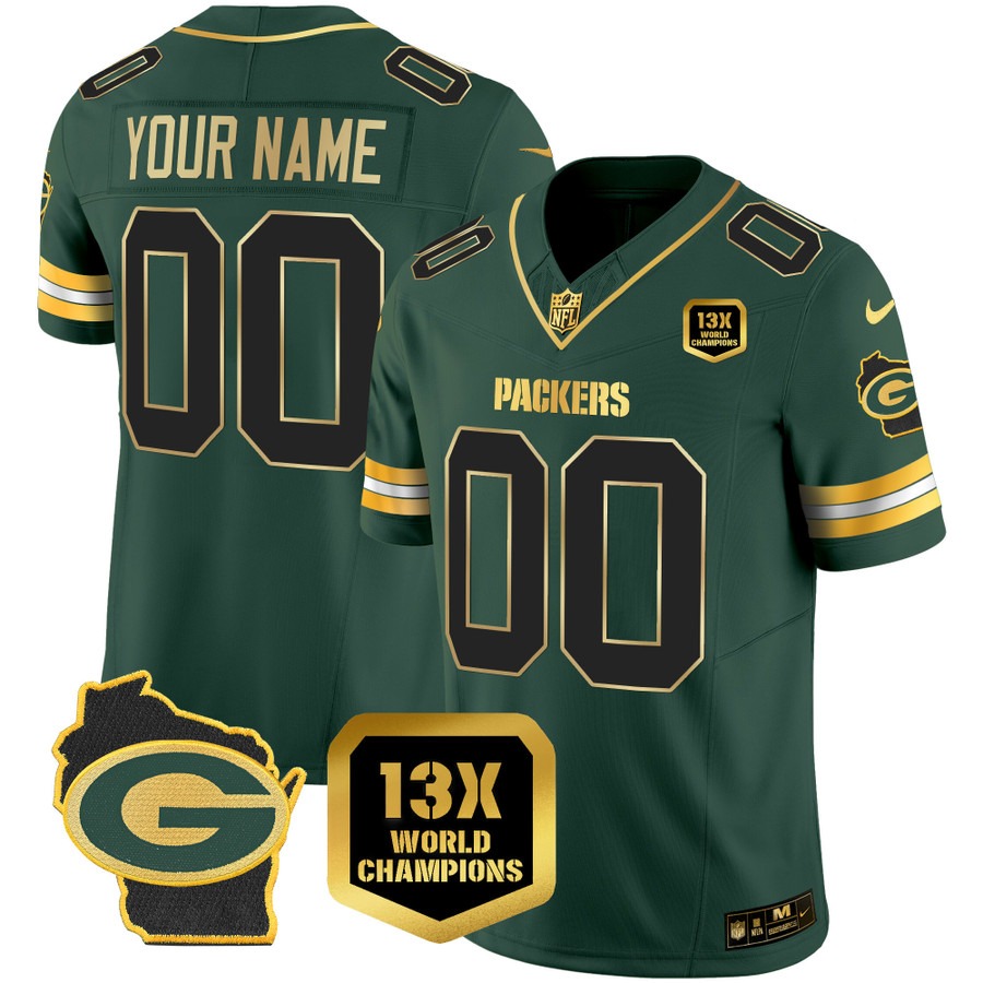 Men's Green Bay Packers Custom Gold Green F.U.S.E. 13x Time World Champions Patch Limited Stitched Jersey