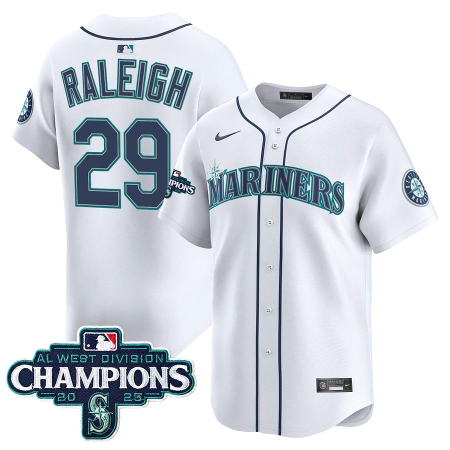 Men's Seattle Mariners #29 Cal Raleigh White Home 2025 AL West Division Champions Patch Vapor Limited Stitched Jersey
