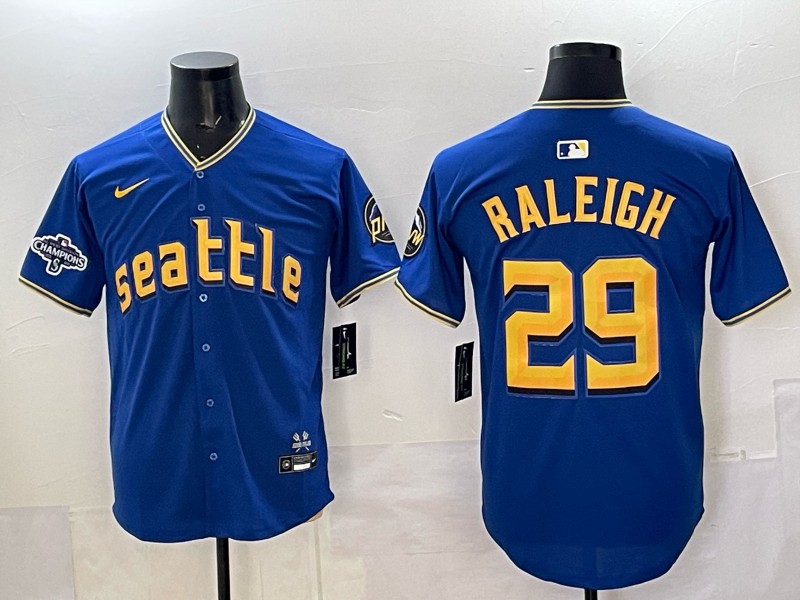 Men's Seattle Mariners #29 Cal Raleigh Royal 2025 AL West Division Champions Patch City Connect Stitched Jersey