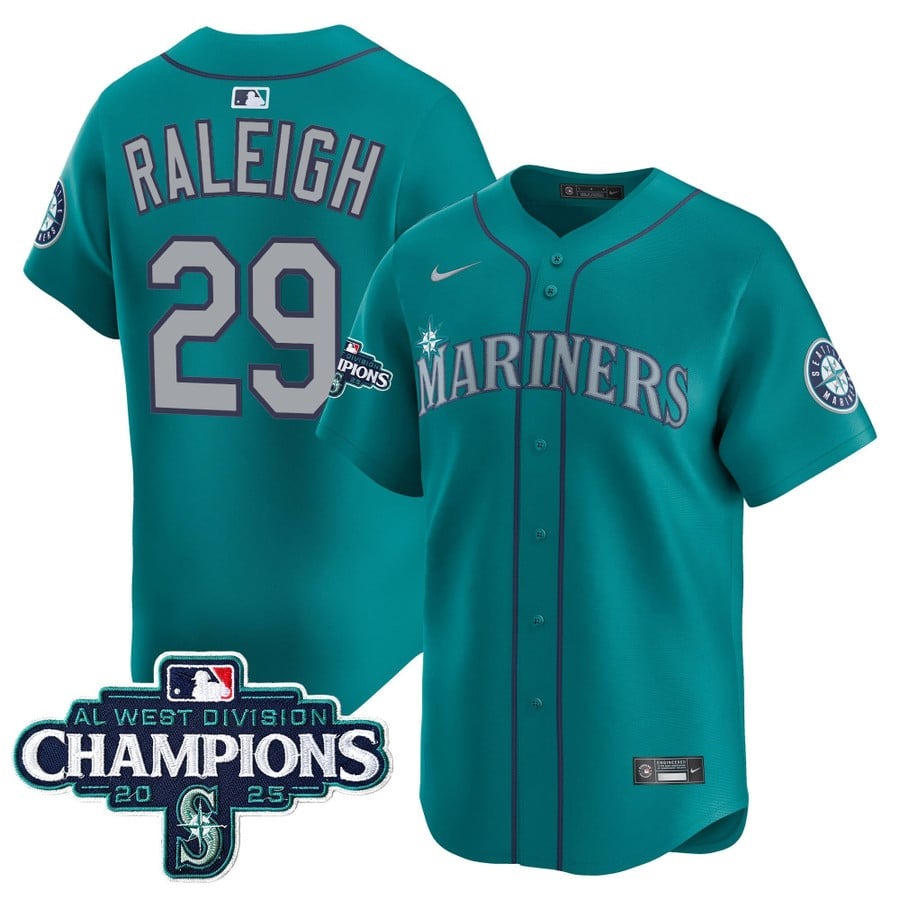 Men's Seattle Mariners #29 Cal Raleigh Teal Alternate 2025 AL West Division Champions Patch Vapor Limited Stitched Jersey