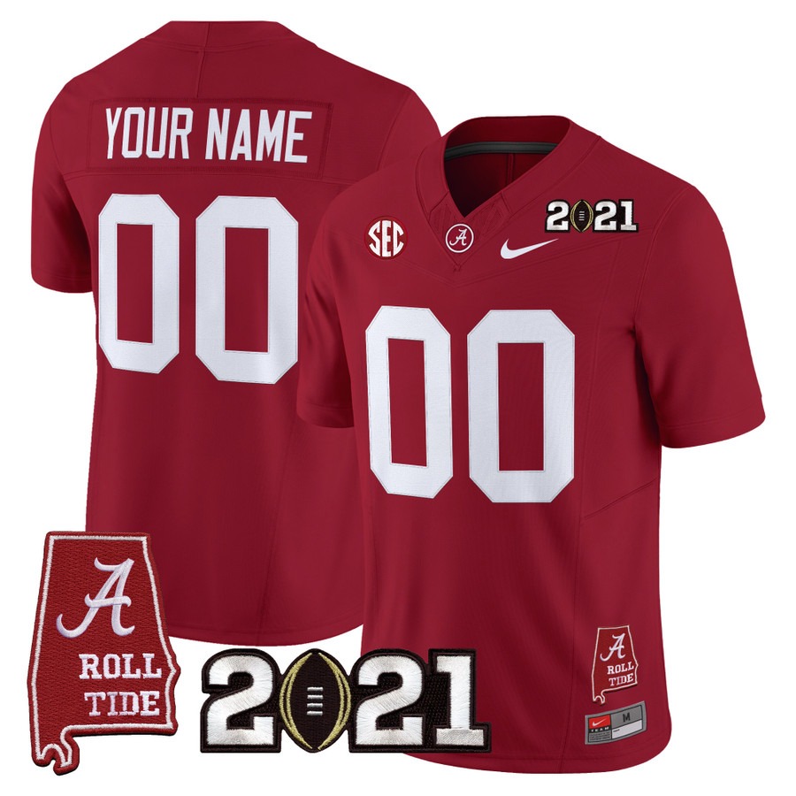 Men's Alabama Crimson Tide Custom Crimson F.U.S.E. With 2021 CFP National Championship & Alabama Map Patch Vapor Limited Stitched Football Jersey
