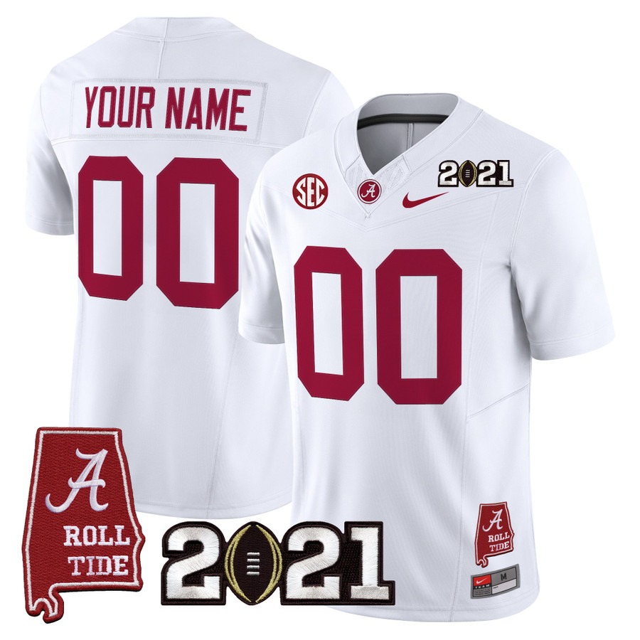 Men's Alabama Crimson Tide Custom White F.U.S.E. With 2021 CFP National Championship & Alabama Map Patch Vapor Limited Stitched Football Jersey