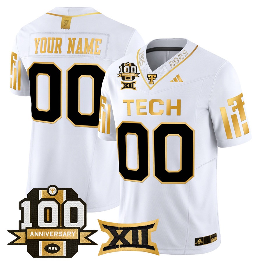 Men's Texas Tech Red Raiders Custom White Gold 100th Anniversary Patch 2025 Vapor F.U.S.E. Limited Stitched Football Jersey