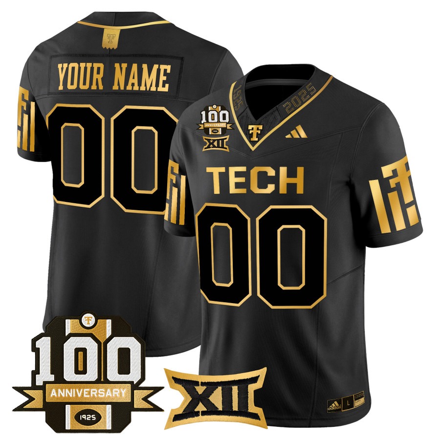 Men's Texas Tech Red Raiders Custom Black Gold 100th Anniversary Patch 2025 Vapor F.U.S.E. Limited Stitched Football Jersey