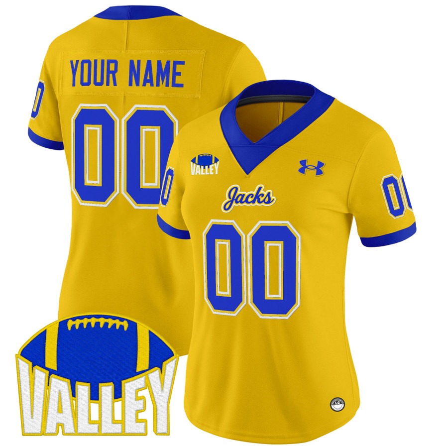 Women's South Dakota State Jackrabbits Custom Gold 2025 Vapor Limited Stitched Football Jersey