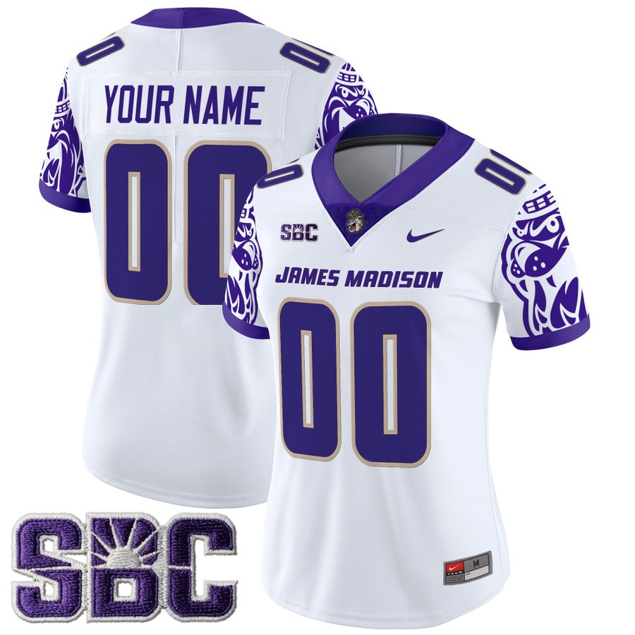 Women's James Madison Dukes Custom White 2025 Vapor Limited Stitched Football V2 Jersey