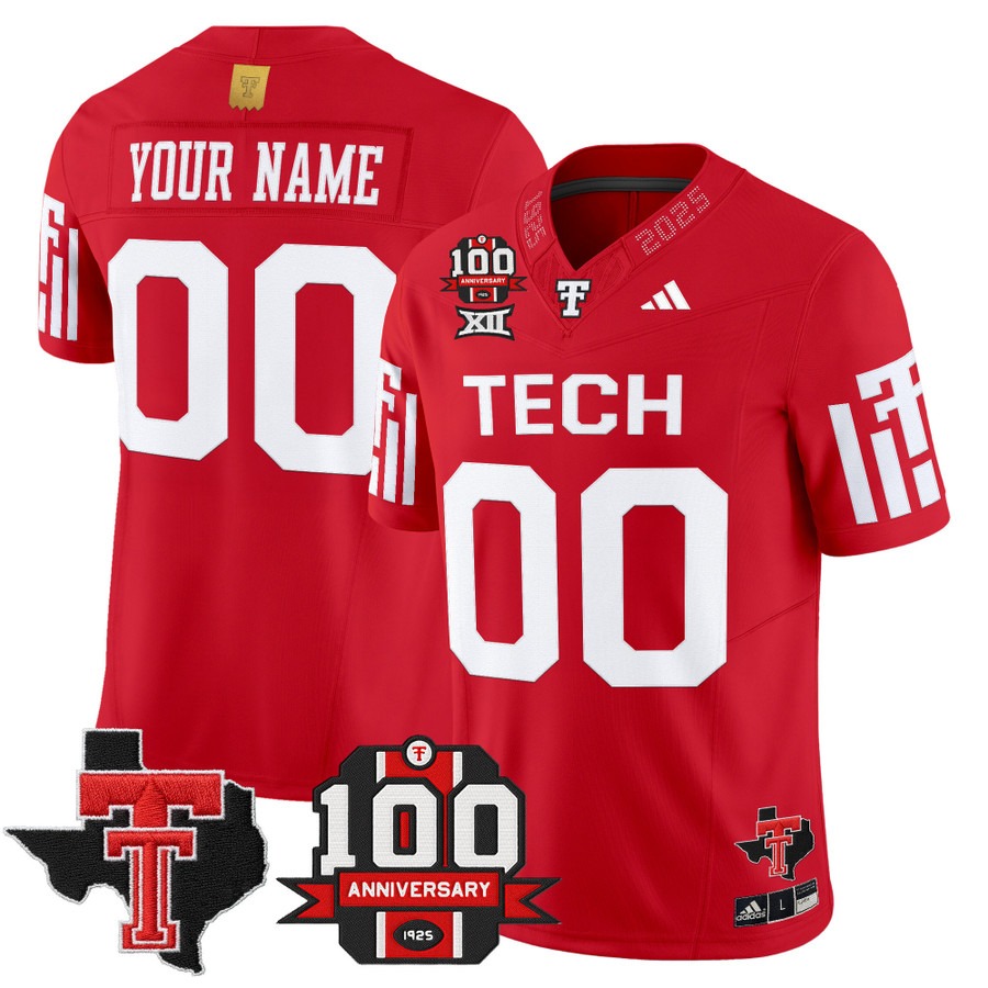 Men's Texas Tech Red Raiders Custom Red 2025 With 100th Anniversary & Texas Patch Vapor F.U.S.E. Limited Stitched Football Jersey