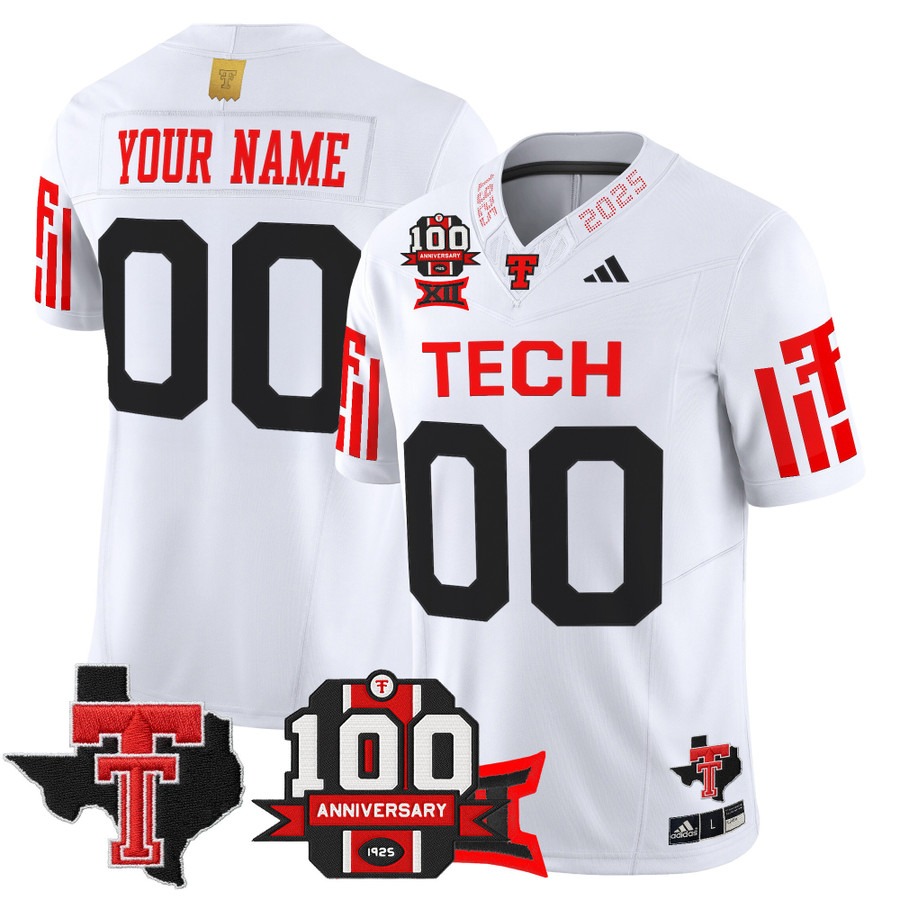 Men's Texas Tech Red Raiders Custom White 2025 With 100th Anniversary & Texas Patch Vapor F.U.S.E. Limited Stitched Football Jersey